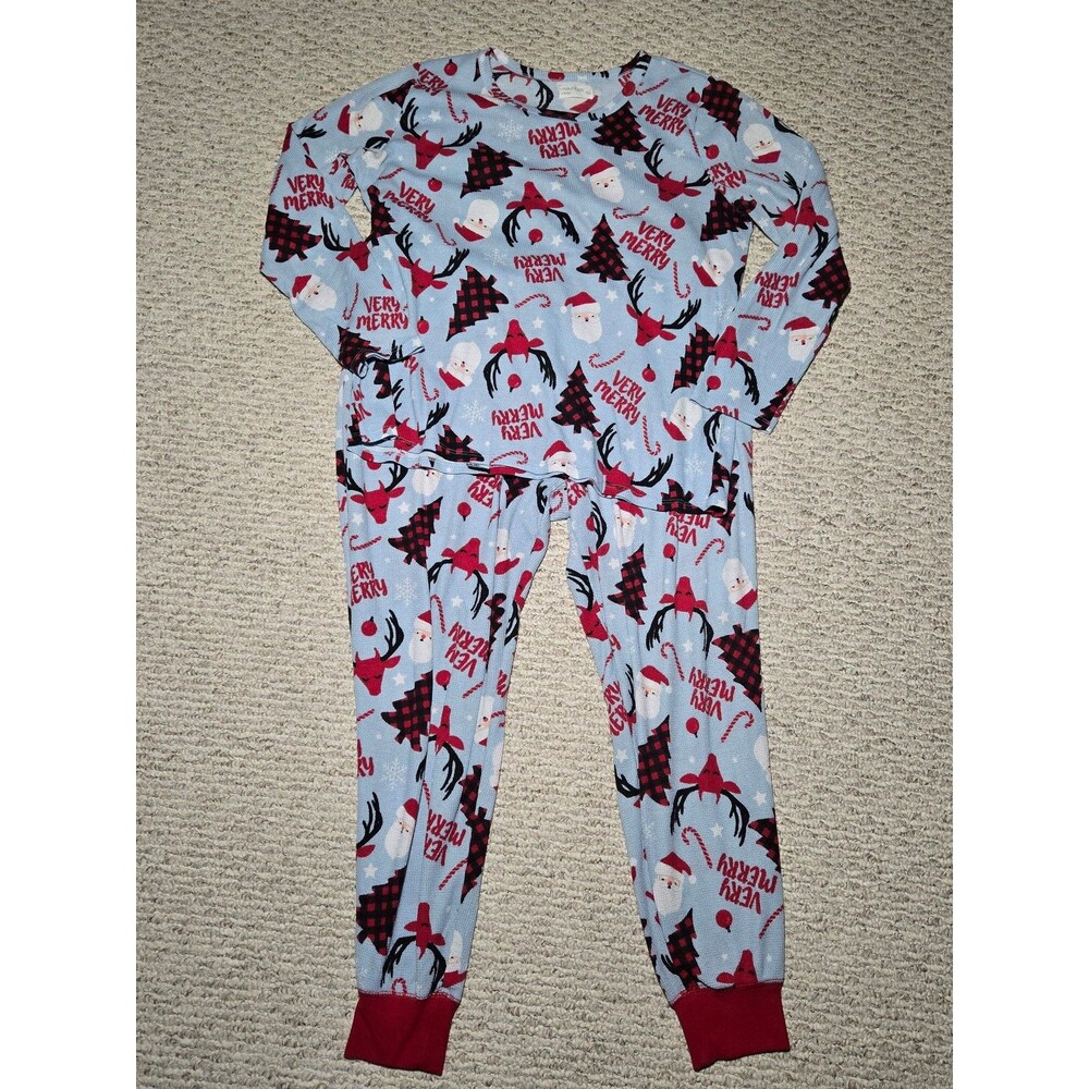 Maurices Merry Christmas Very Merry Waffle Pajamas Long Sleeve Pants Blue Red